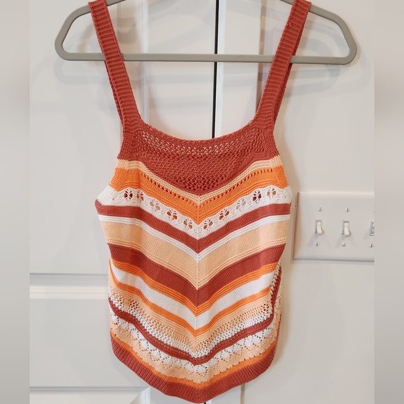 No Boundaries Tops - No Boundaries Striped Crochet Tank Top in Rust, Orange & Cream